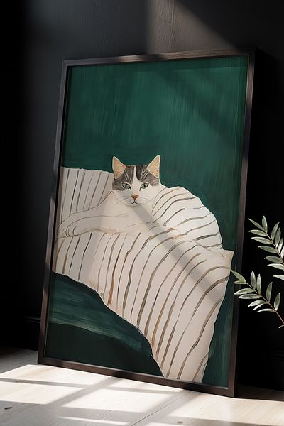 HİGUERA Pisica care influențează cu ochii ei - Tablou de perete cu rame din lemn natural, elegant și modern