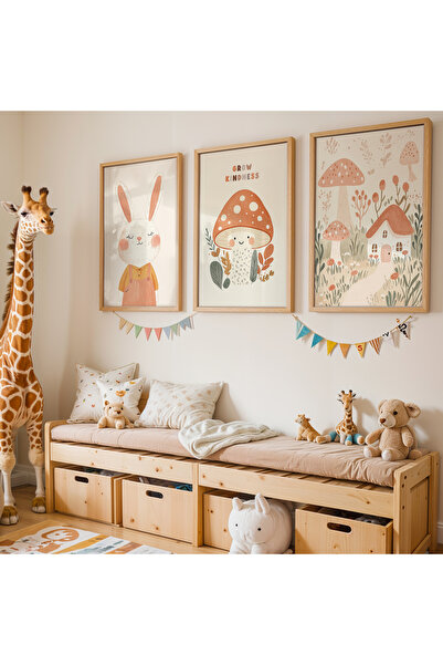 HİGUERA 3'lü Tavşan Ve Doğadaki Evi Doğal Ahşap Çerçeveli Çocuk Odası ve Bebe...
