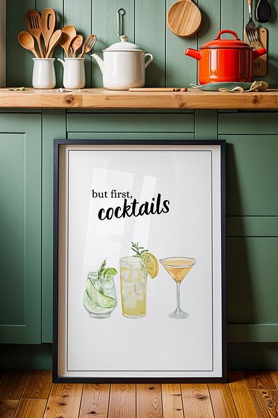 HİGUERA Cocktail Ilustrație BAR Tablou de perete de bucătărie cu rame din lemn natural
