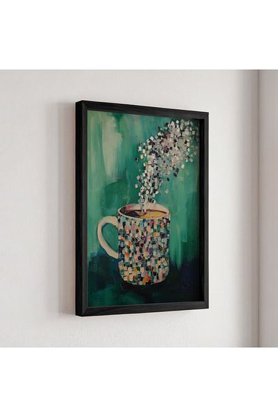HİGUERA Cana de cafea cu model mozaic Design colorat și dinamic Pictură cu cadru din lemn natural