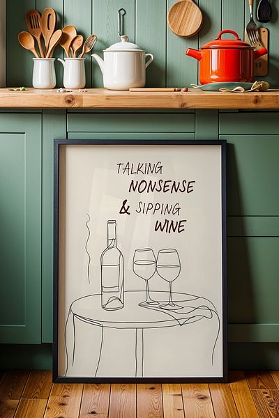 HİGUERA Talking Nonsense and Wine BAR Tablou de perete pentru bucătărie cu rame din lemn natural