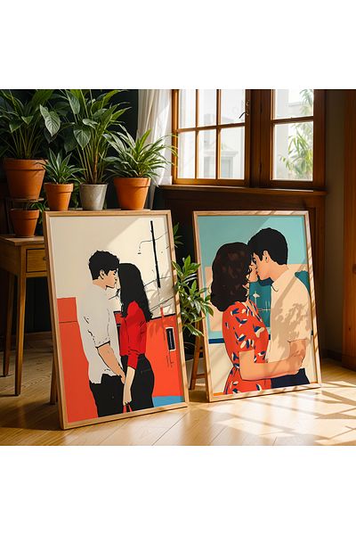 HİGUERA Figurine umane Set de pictură murală cu rame din lemn natural dublu abstract roșu