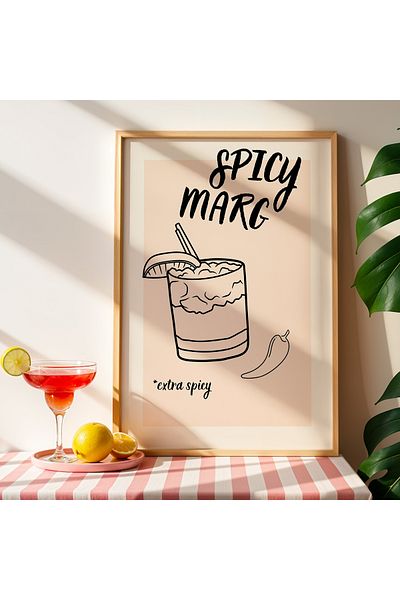 HİGUERA Spicy Margarita Drawing Style BAR Tablou de perete de bucătărie cu rame din lemn natural