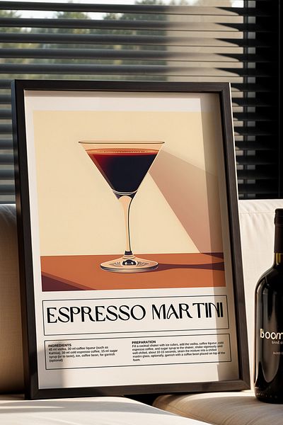 HİGUERA Esppresso Martini Ilustrație BAR Tablou de perete de bucătărie cu cadru din lemn natural