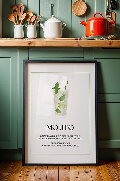 HİGUERA Mojito Cocktail BAR Tablou de perete de bucătărie cu cadru din lemn natural