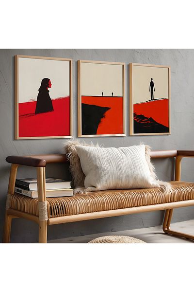 HİGUERA Figurine umane Set de pictură murală cu rame din lemn natural triplu abstract roșu