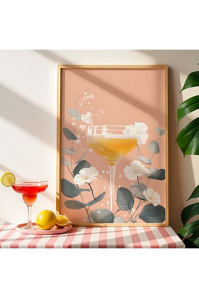 HİGUERA Cocktail galben floral Bucătărie Cocktail Bar Ilustrație Pictură într-un cadru din lemn natural