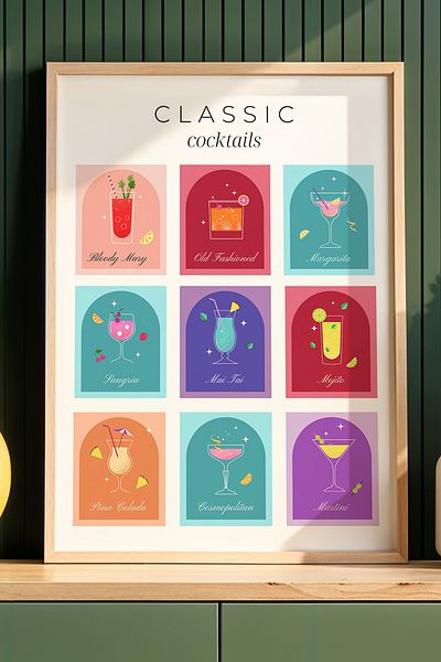 HİGUERA Lista de cocktailuri colorate Cocktail BAR minimalistă Tablou de perete de bucătărie cu cadru din lemn natural