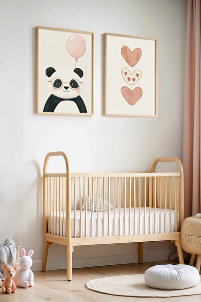 HİGUERA Χαριτωμένο Panda και Σχέδιο Καρδιάς Φυσικό Ξύλινο Πλαίσιο Παιδικό Δωμ...