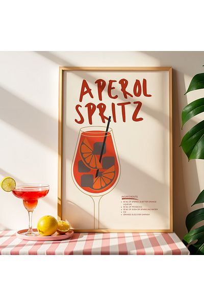 HİGUERA Aperol Spritz Minimalist BAR Tablou de perete de bucătărie cu cadru din lemn natural