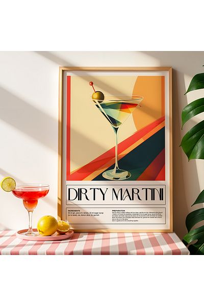 HİGUERA Dirty Martini Cocktail BAR Tablou de perete de bucătărie cu cadru din lemn natural