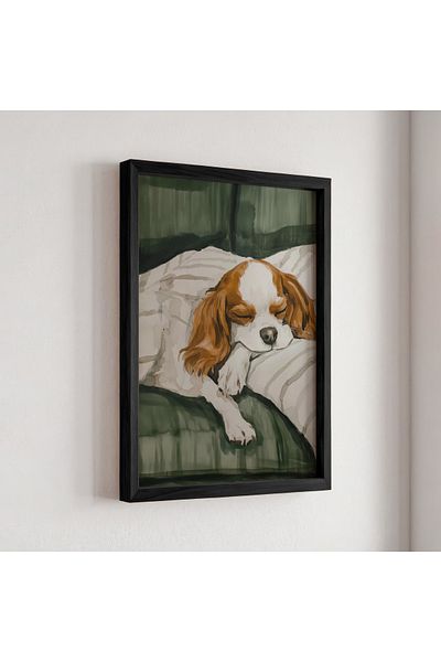 HİGUERA Cavalier Spaniel Sweet Sleep - Pictură murală cu rame din lemn natural, artă liniștită și drăguță