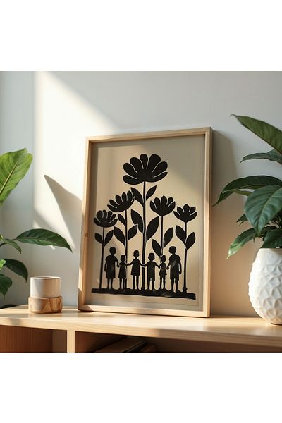 HİGUERA Siluetă cu flori și figură umană - Artă semnificativă și simplă Pictură murală într-un cadru din lemn natural