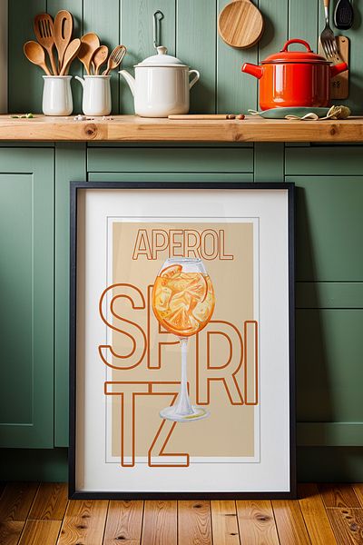 HİGUERA Aperol Spritz Cocktail Bar Ilustrație BAR Tablou de perete de bucătărie cu cadru din lemn natural