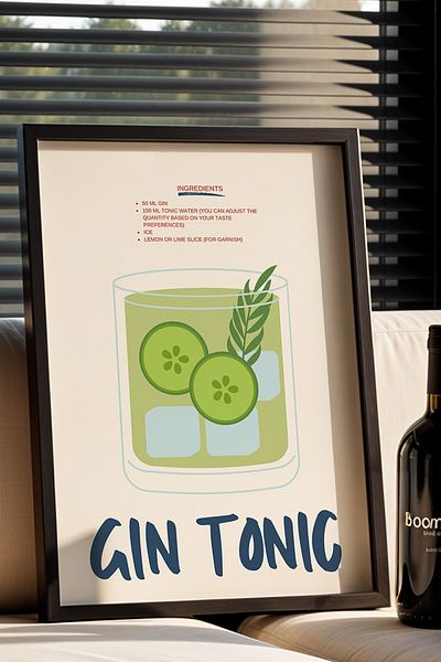 HİGUERA Gin Tonic Minimalist BAR Tablou de perete de bucătărie cu cadru din lemn natural
