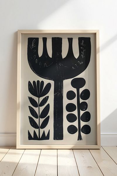 HİGUERA Cu figură de plantă abstractă – Pictură murală cu cadru din lemn natural Yalın și modern Yoru