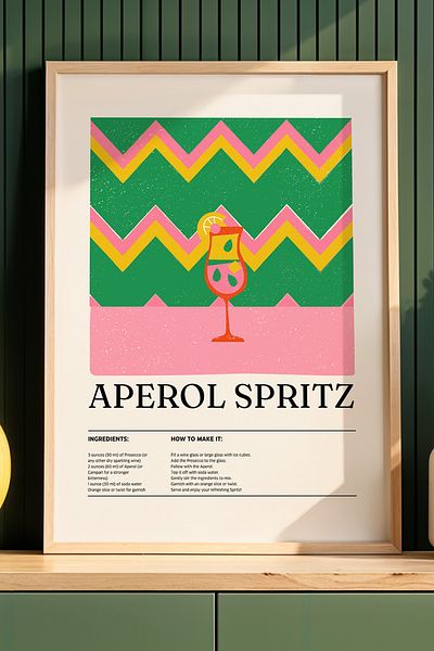 HİGUERA Aperol Spritz Cocktail BAR Tablou de perete de bucătărie cu cadru din lemn natural