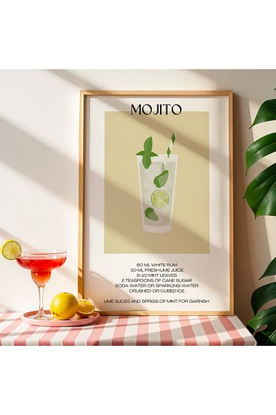 HİGUERA Minimal Mojito Illustration BAR Tablou de perete de bucătărie cu rame din lemn natural