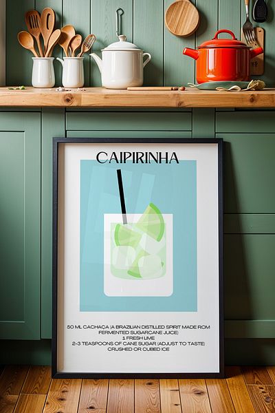 HİGUERA Caipirinha Cocktail BAR cu fundal albastru Tablou de perete de bucătărie cu cadru din lemn natural