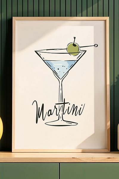 HİGUERA Minimal Martini Ilustrație BAR Tablou de perete de bucătărie cu cadru din lemn natural