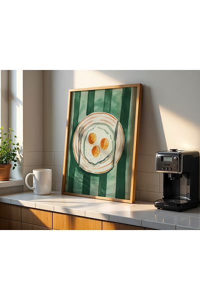 HİGUERA Tablou de perete pentru bucătărie cu rame din lemn natural KTB cu design artistic de farfurie de ouă