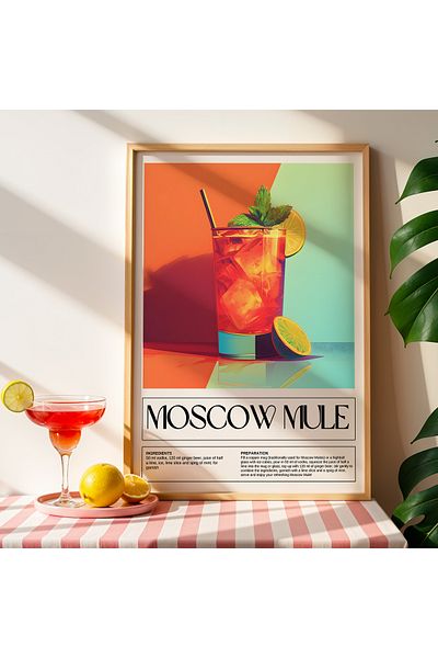 HİGUERA Moscow Mule Ilustrație colorată BAR Tablou de perete de bucătărie cu rame din lemn natural
