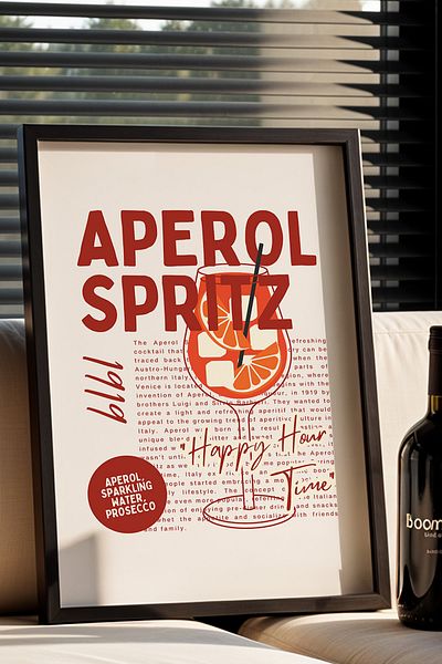HİGUERA Aperol Spritz Ilustrat BAR Tablou de perete de bucătărie cu cadru din lemn natural