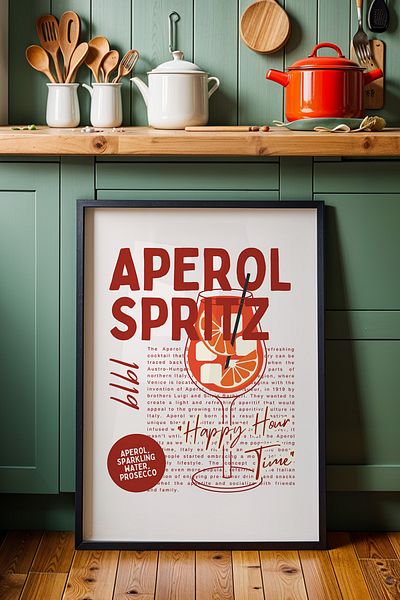 HİGUERA Aperol Spritz Ilustrat BAR Tablou de perete de bucătărie cu cadru din lemn natural