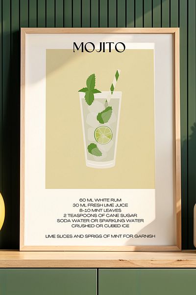 HİGUERA Minimal Mojito Illustration BAR Tablou de perete de bucătărie cu rame din lemn natural