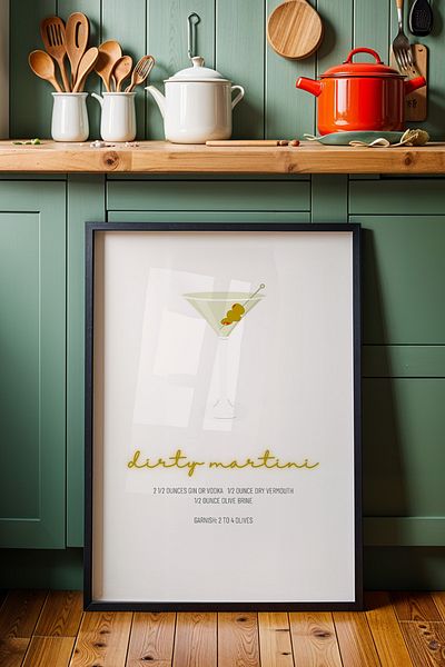 HİGUERA Dirty Martini Cocktail BAR Tablou de perete de bucătărie cu cadru din lemn natural