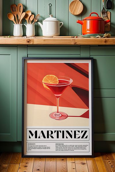 HİGUERA Minimal Martinez Illustration BAR Tablou de perete de bucătărie cu rame din lemn natural