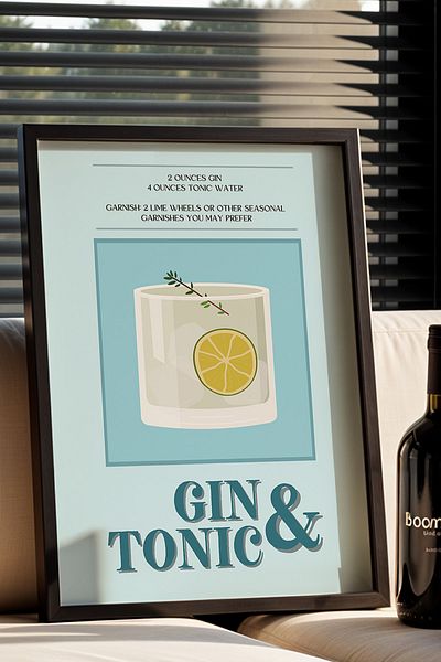 HİGUERA Colorat Gin Tonic BAR Tablou de perete pentru bucătărie cu cadru din lemn natural