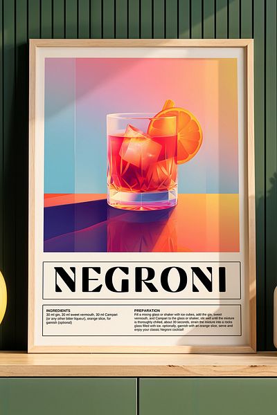 HİGUERA Negroni Colorful Illustration BAR Tablou de perete de bucătărie cu rame din lemn natural