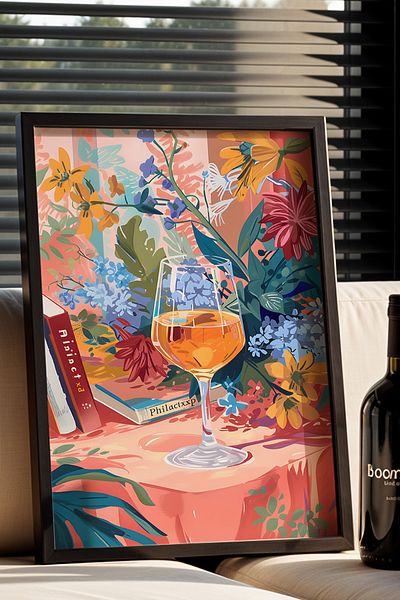 HİGUERA Flori Carte și Vin BAR Tablou de perete de bucătărie cu cadru din lemn natural