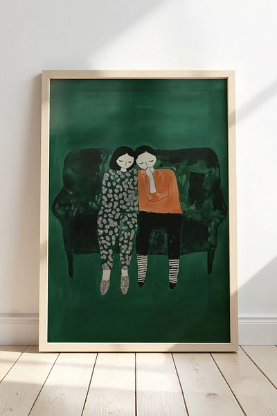 HİGUERA With Intimate and Warm Design - Custom Couple Illustration Natural Wooden Framed Painting