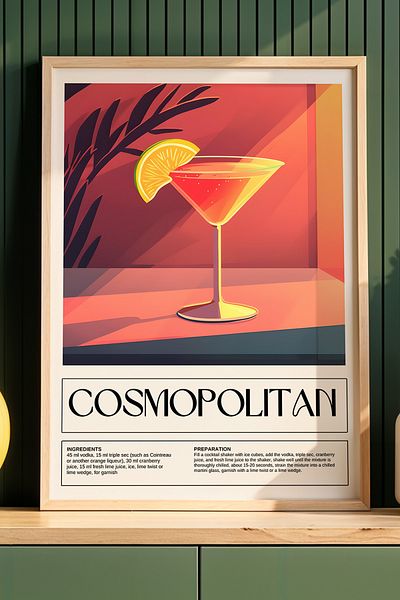HİGUERA Ilustrație colorată Cosmopolitan BAR Tablou de perete de bucătărie cu rame din lemn natural