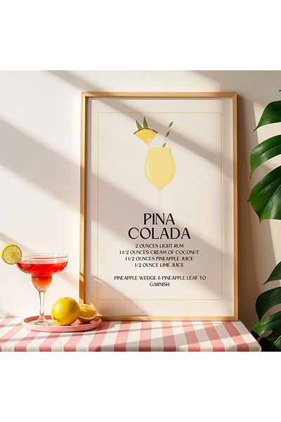 HİGUERA Pictură de perete pentru bucătărie Pina Colada Cocktail BAR cu cadru din lemn natural