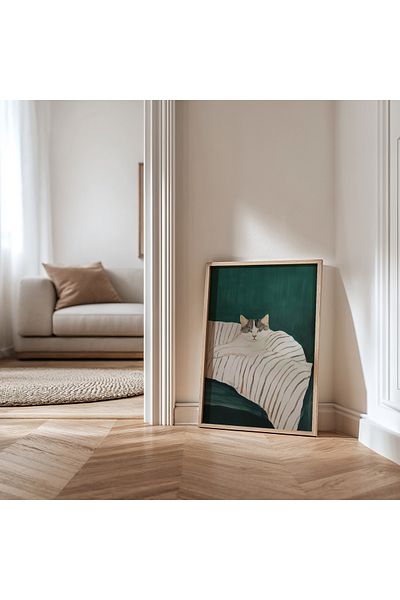 HİGUERA Pisica care influențează cu ochii ei - Tablou de perete cu rame din lemn natural, elegant și modern