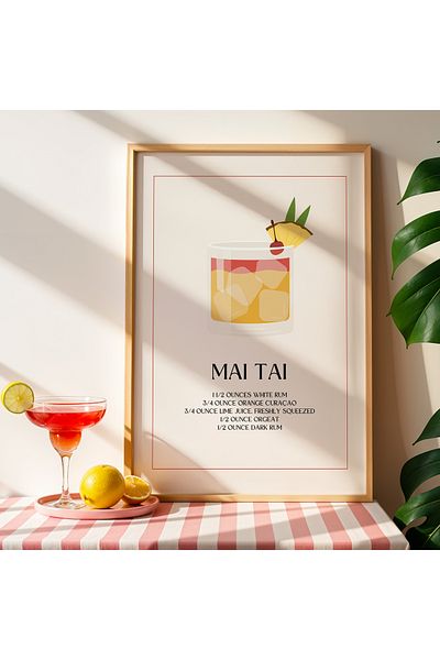 HİGUERA Mai Tai Cocktail BAR Tablou de perete de bucătărie cu cadru din lemn natural
