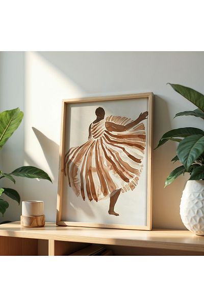 HİGUERA Elegant Dancer în tonuri de pământ, pictură murală cu cadru din lemn natural