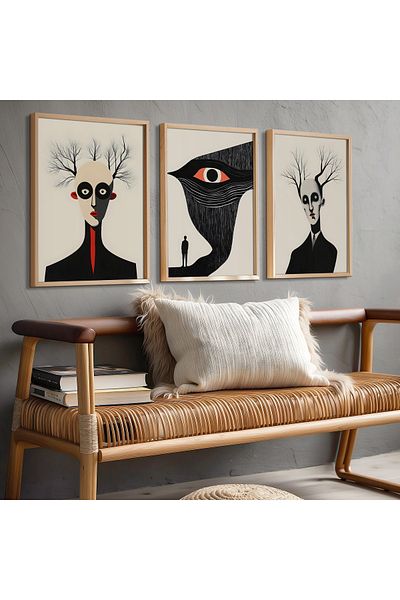 HİGUERA Set de pictură de perete cu figuri și copaci din lemn natural triplu