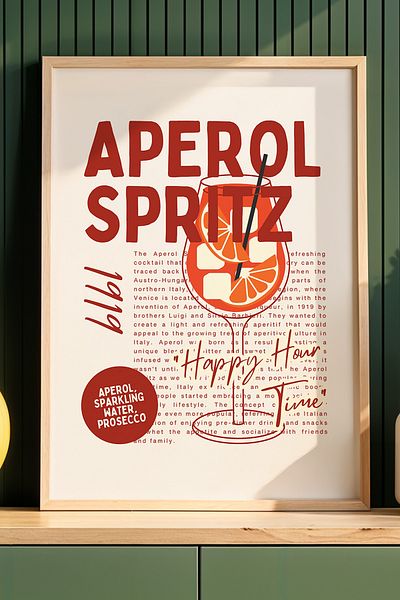 HİGUERA Aperol Spritz Ilustrat BAR Tablou de perete de bucătărie cu cadru din lemn natural