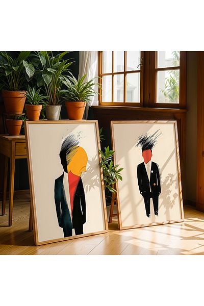 HİGUERA Set de pictură murală cu cadru din lemn natural cu figură dublă, artă abstractă roșie