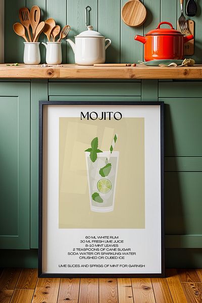 HİGUERA Minimal Mojito Illustration BAR Tablou de perete de bucătărie cu rame din lemn natural