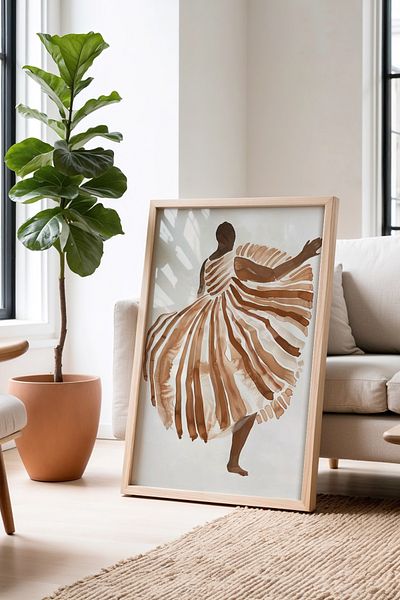 HİGUERA Elegant Dancer în tonuri de pământ, pictură murală cu cadru din lemn natural