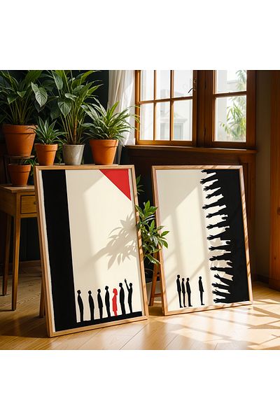 HİGUERA Figurine umane Set de pictură murală cu rame din lemn natural dublu abstract roșu