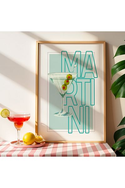 HİGUERA Martini Cocktail Bar Ilustrație BAR Tablou de perete de bucătărie cu rame din lemn natural
