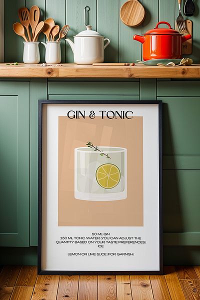 HİGUERA Gin & Tonic Cocktail BAR cu fundal bej Tablou de perete de bucătărie cu cadru din lemn natural