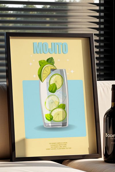 HİGUERA Colorat Mojito BAR Tablou de perete pentru bucătărie cu cadru din lemn natural