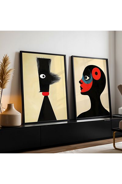 HİGUERA Desen abstract Roșu Abstract Dublu Pictură de perete cu cadru din lemn natural
